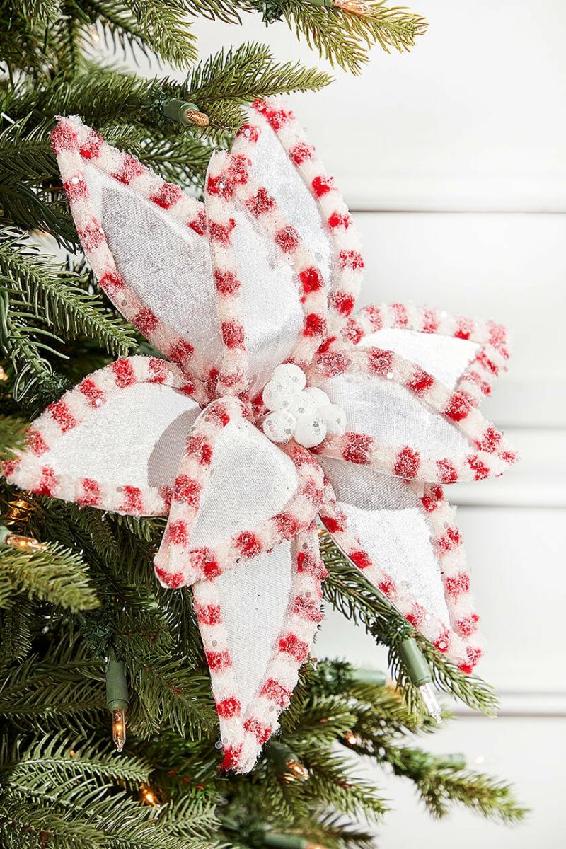 Flowers | 12" X 22" Candy With Snowglitter Poinsettia Stem – White/Red Brite Flowers Flowers