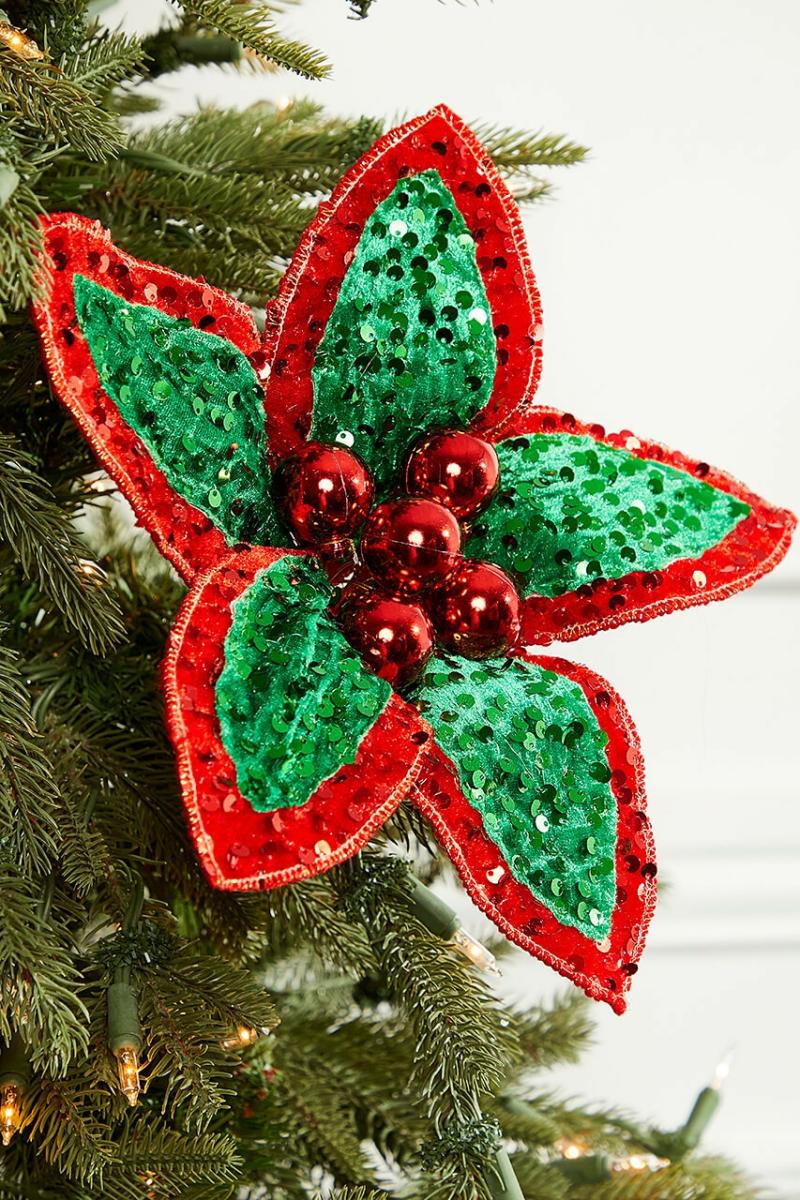 Flowers | 12" X 22" Red Green Sequin Poinsettia Stem Flowers Flowers