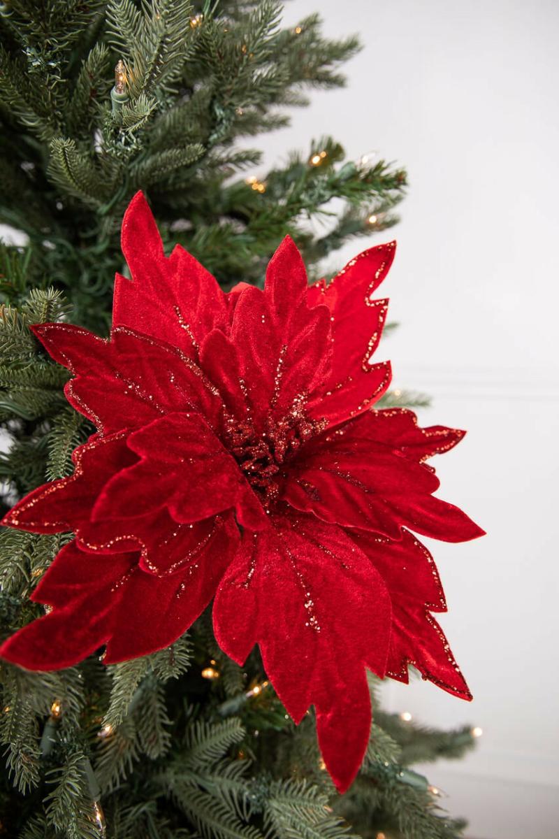 Flowers | 19" X 13.5" Velvet Glitter Poinsettia Stem Flowers Flowers