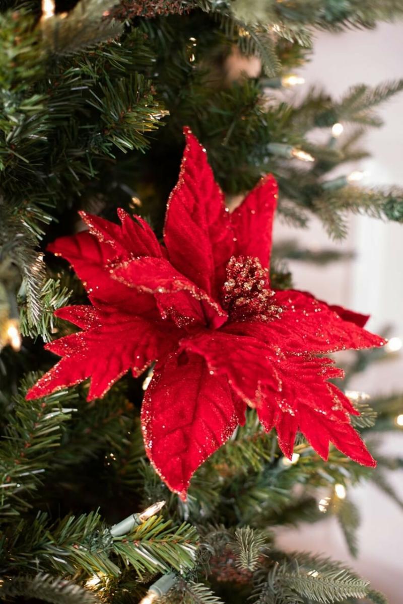 Flowers | 20" X 12" Red Velvet Gold Mix Glitter Poinsettia Stem Flowers Flowers