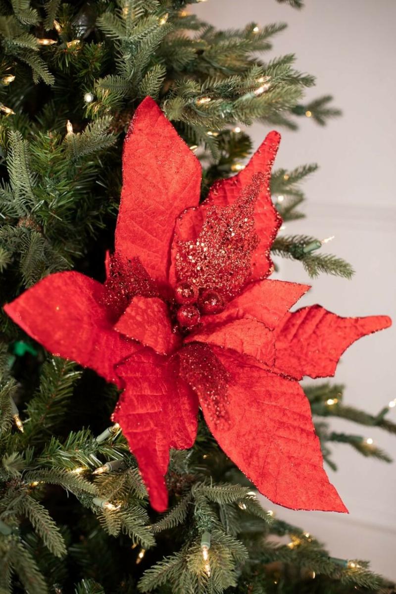 Flowers | 21" X 21" Giant Velvet Glitter Poinsettia Stem Flowers Flowers