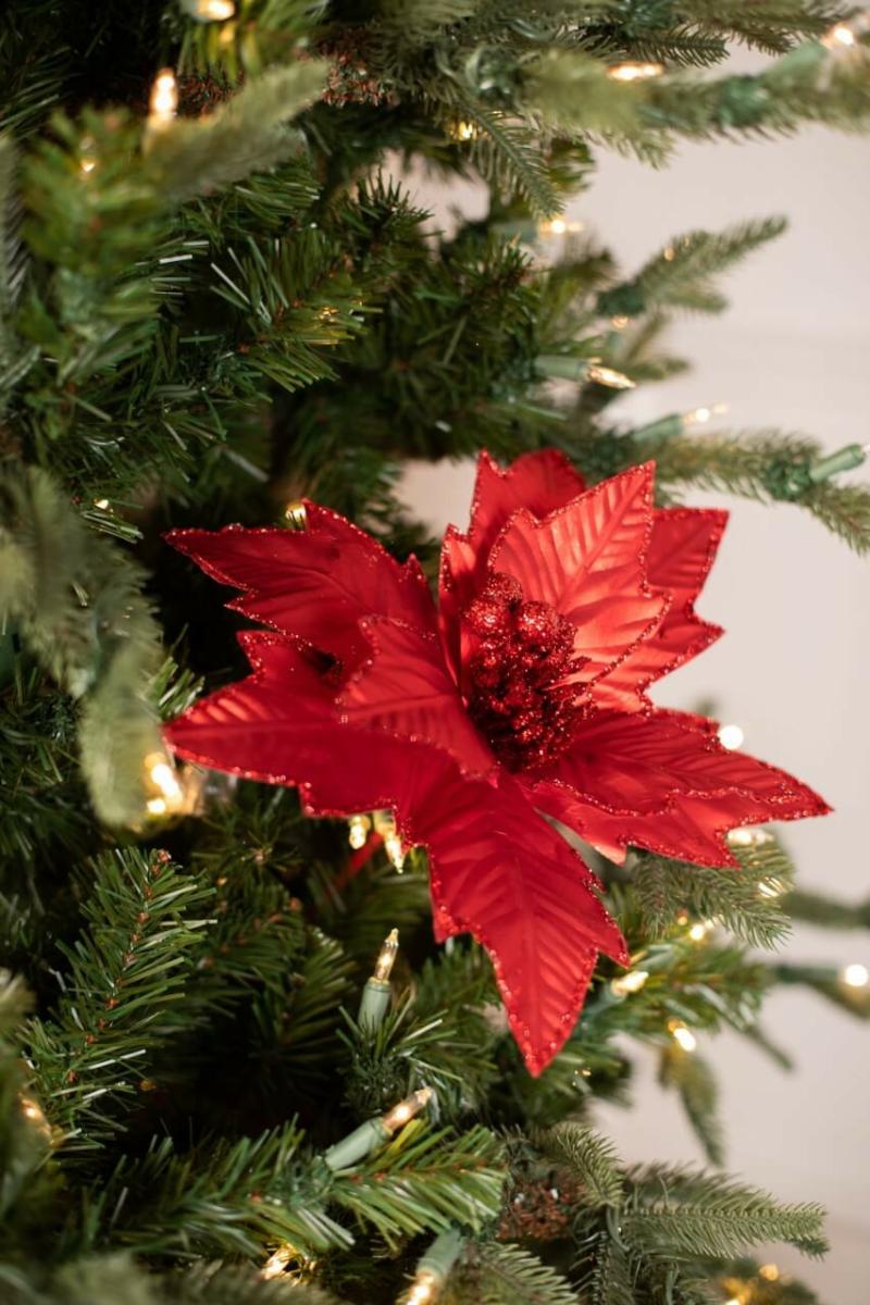 Flowers | 22" X 10.5" Red Metallic Glitter Edge Poinsettia Stem Flowers Flowers