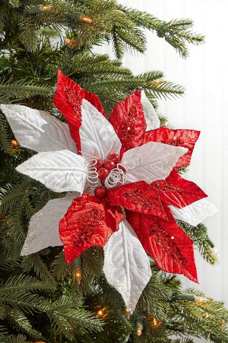 Flowers | 22" X 10" Red And White With Glitter Poinsettia Stem Flowers Flowers