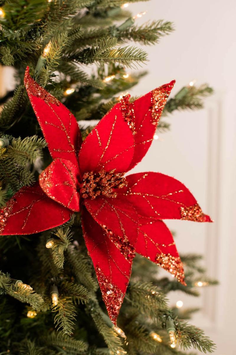 Flowers | 22" X 12.5" Red Glitter Velvet Poinsettia Stem Flowers Flowers