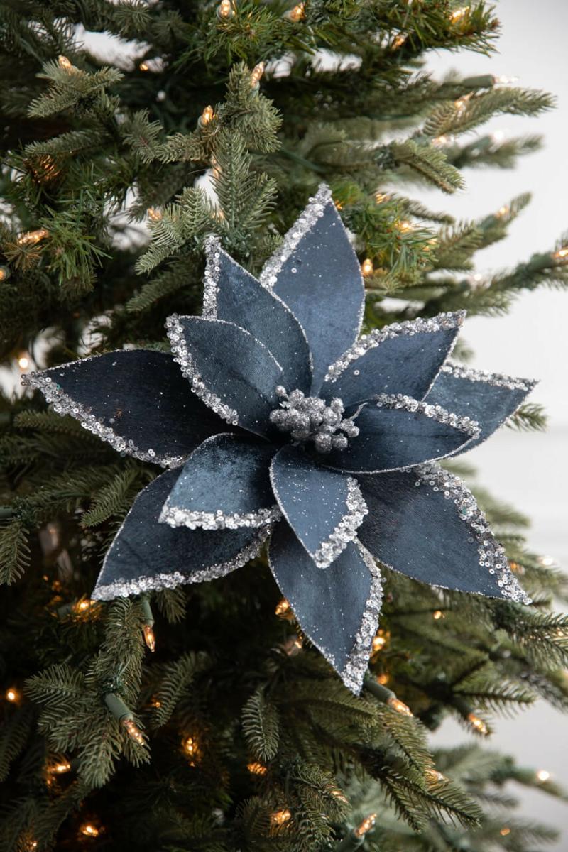 Flowers | 22" X 12.5" Velvet Glitter Poinsettia Stem – Blue And Grey Flowers Flowers