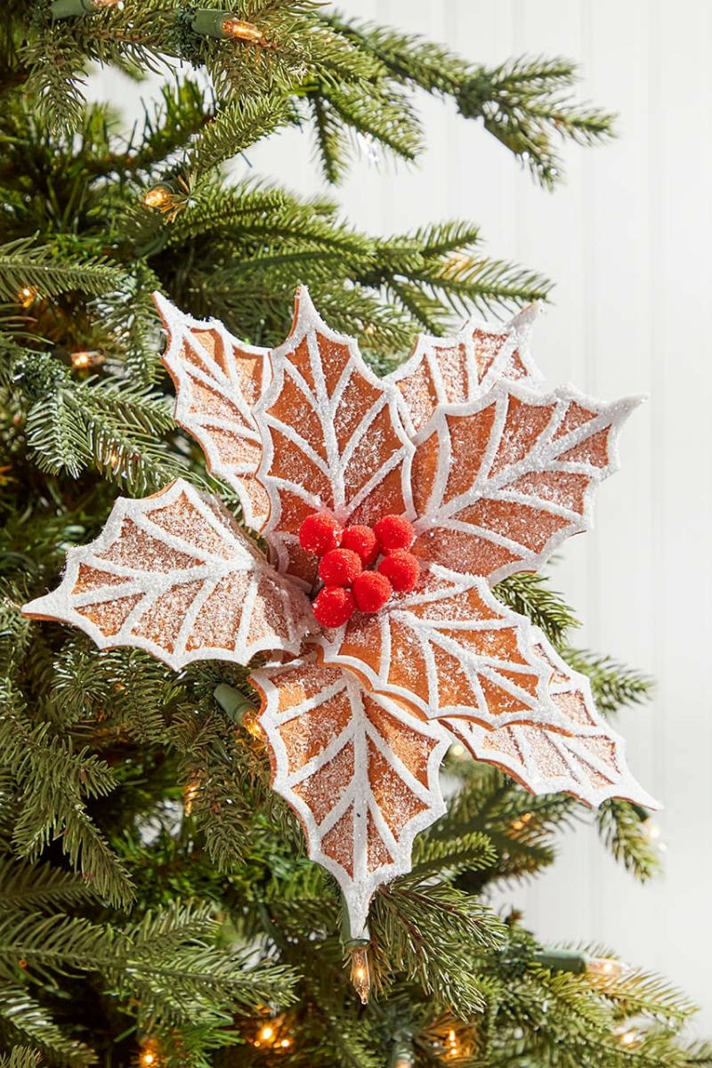 Flowers | 22" X 12" Ginger And White Frosted Poinsettia Stem With Red Berries Flowers Flowers