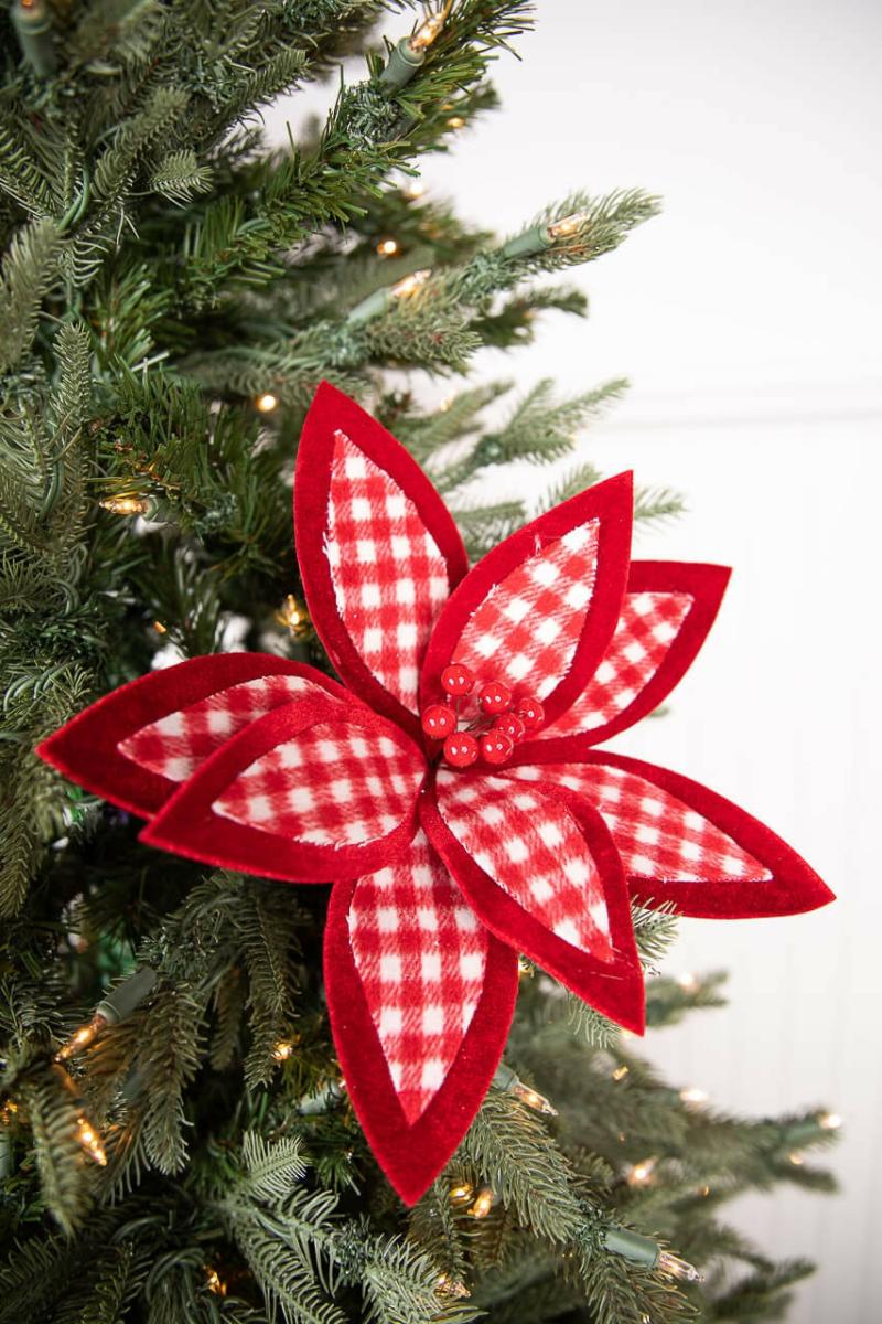 Flowers | 22" X 12" Red And White Plaid Poinsettia Stem With Red Berries Flowers Flowers