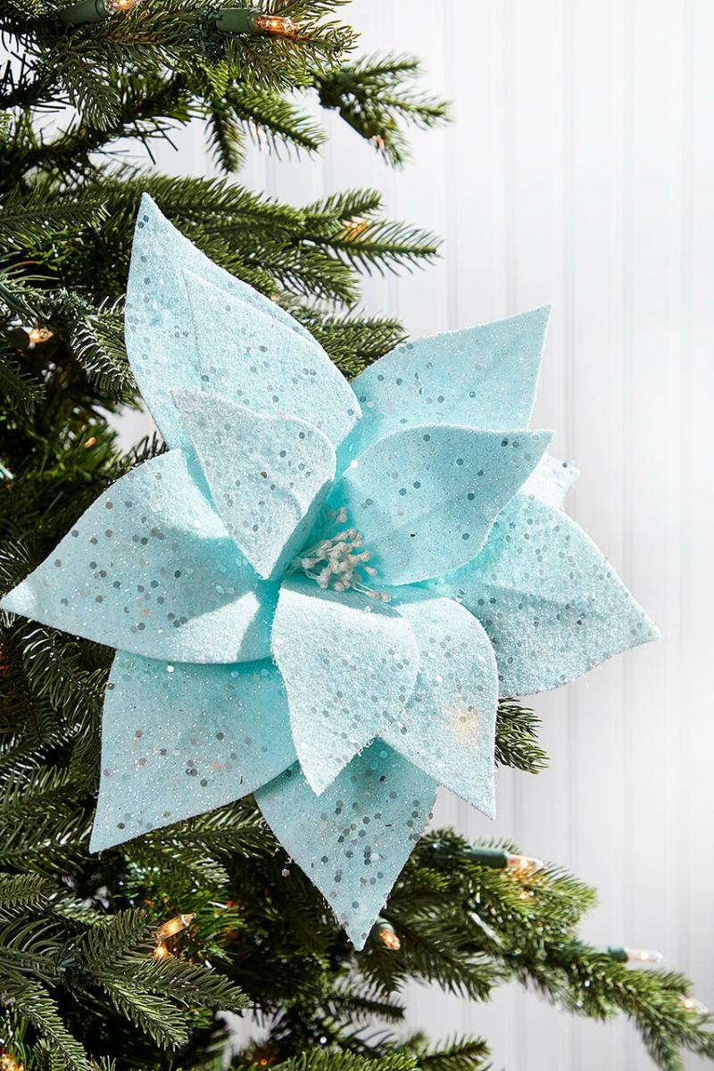 Flowers | 22" X 12" Teal With Sparkles Frosted Poinsettia Stem Flowers Flowers