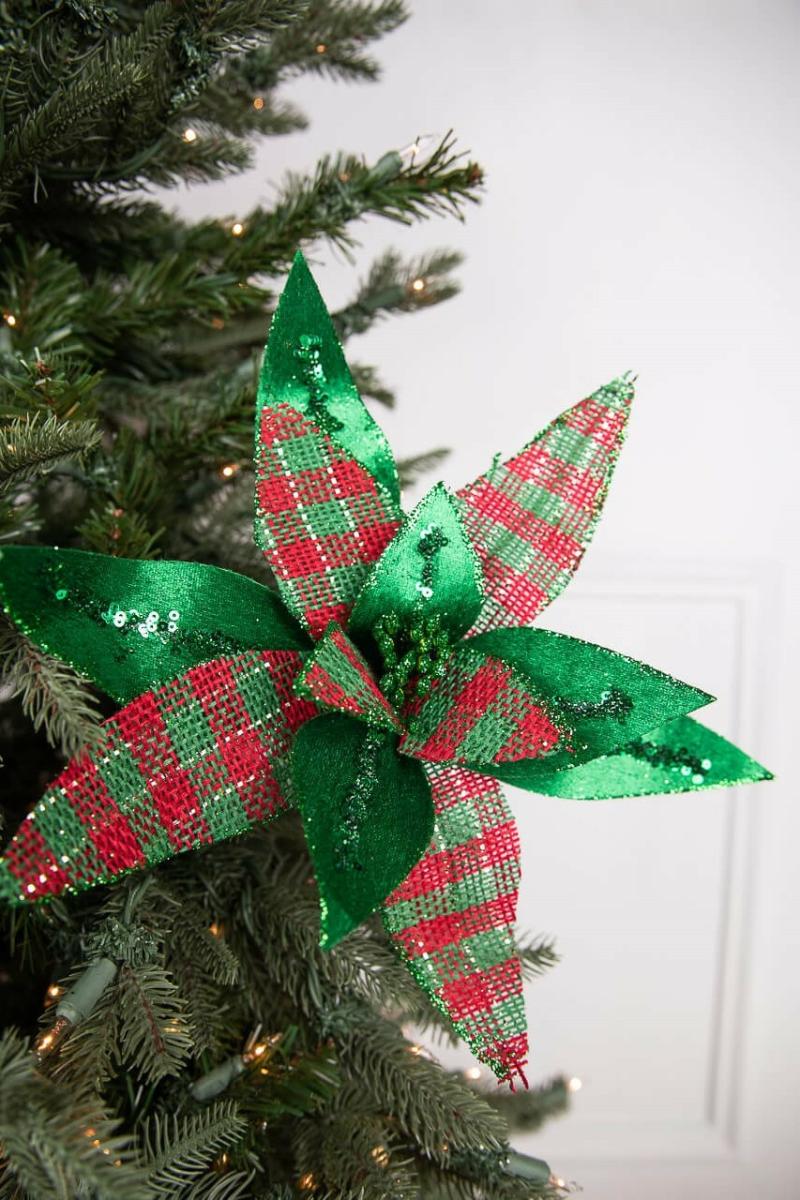 Flowers | 22" X 13.5" Metallic Plaid Poinsettia Stem Flowers Flowers