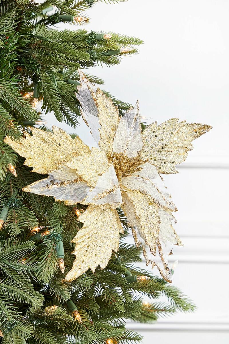 Flowers | 22"  X 14" Sheer Glitter Poinsettia Stem – Champagne Flowers Flowers