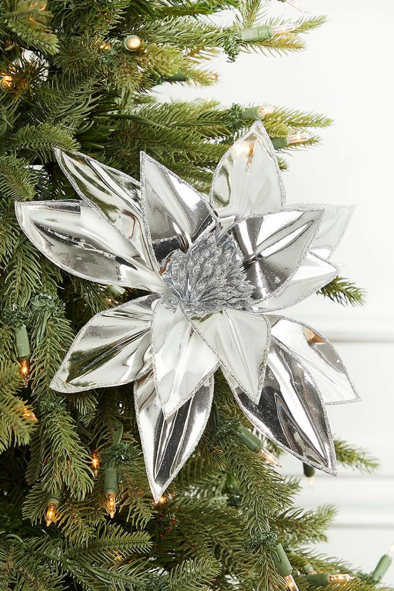 Flowers | 22" X 9" Silver Metallic Poinsettia Stem Flowers Flowers