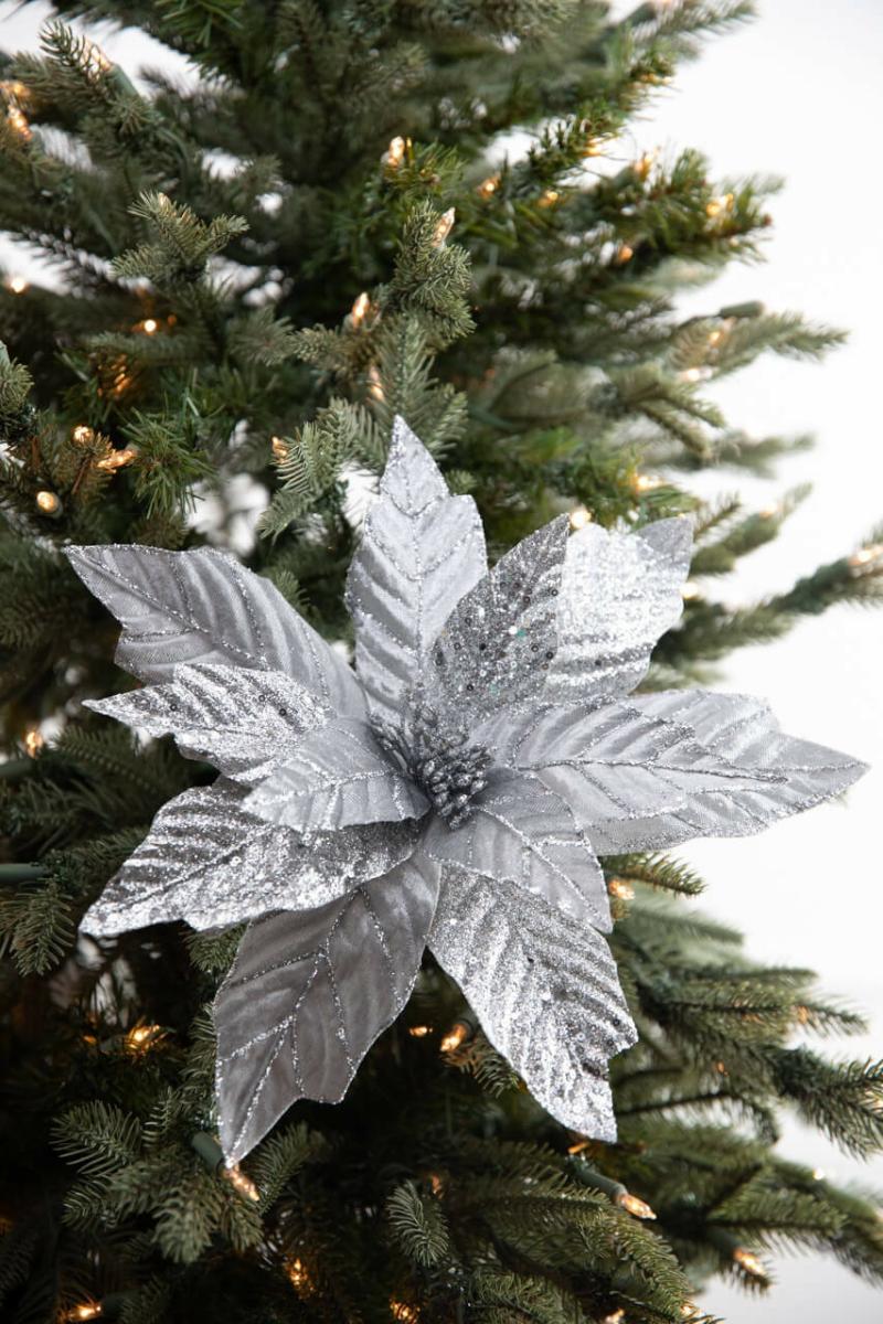 Flowers | 22"X 14" Velvet Glitter Poinsettia Stem – Silver Flowers Flowers