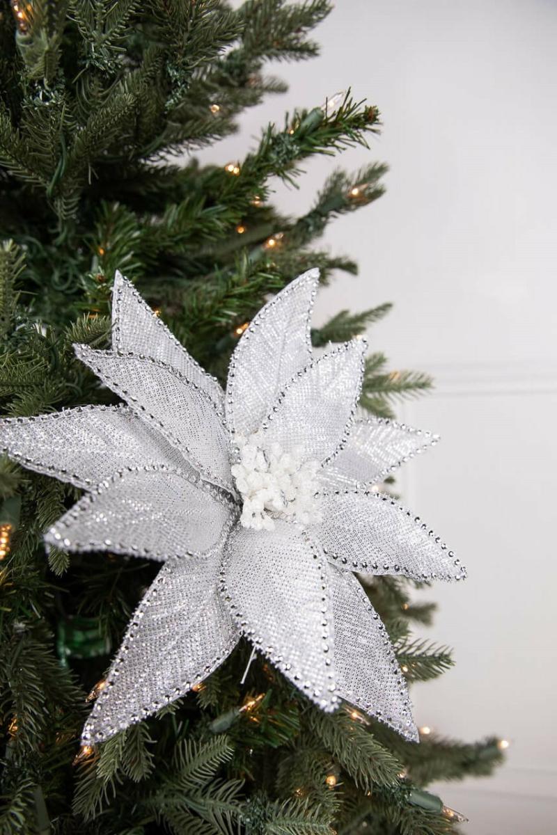 Flowers | 24" White With Silver Jeweled Edge Poinsettia Stem Flowers Flowers