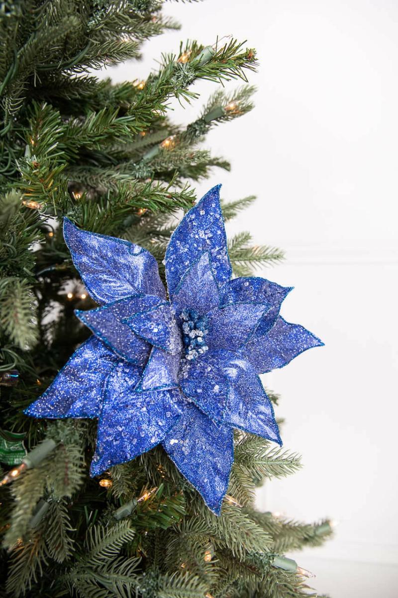 Flowers | 24" X 11" Glitter Iced Poinsettia Stem – Midnight Blue Flowers Flowers