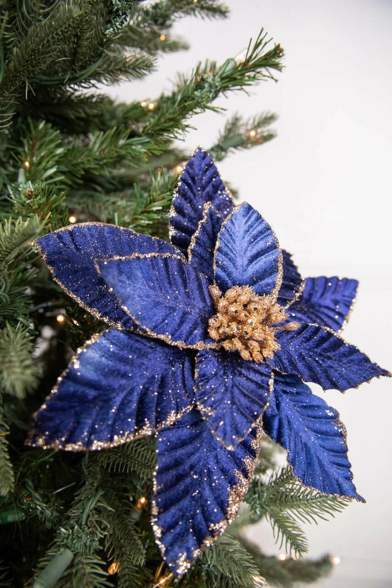 Flowers | 24" X 11" Midnight Blue & Champagne Glitter Poinsettia Stem Flowers Flowers