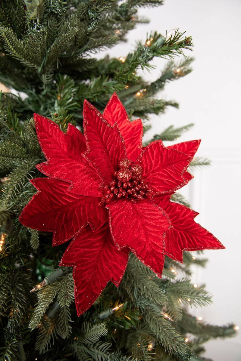 Flowers | 24" X 11" Poinsettia Stem – Red With Red Glitter Flowers Flowers