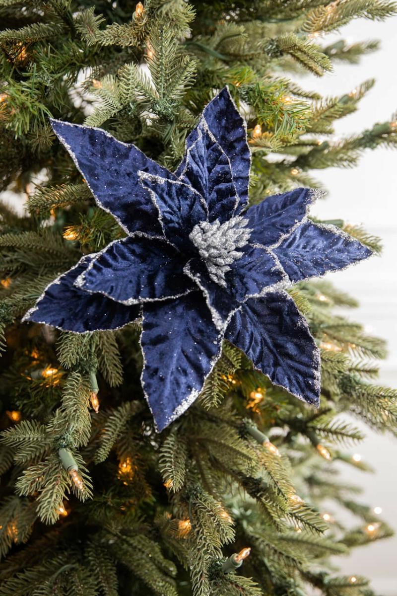 Flowers | 24" X 12.5" Navy Glitter Edge Velvet Poinsettia Stem Flowers Flowers