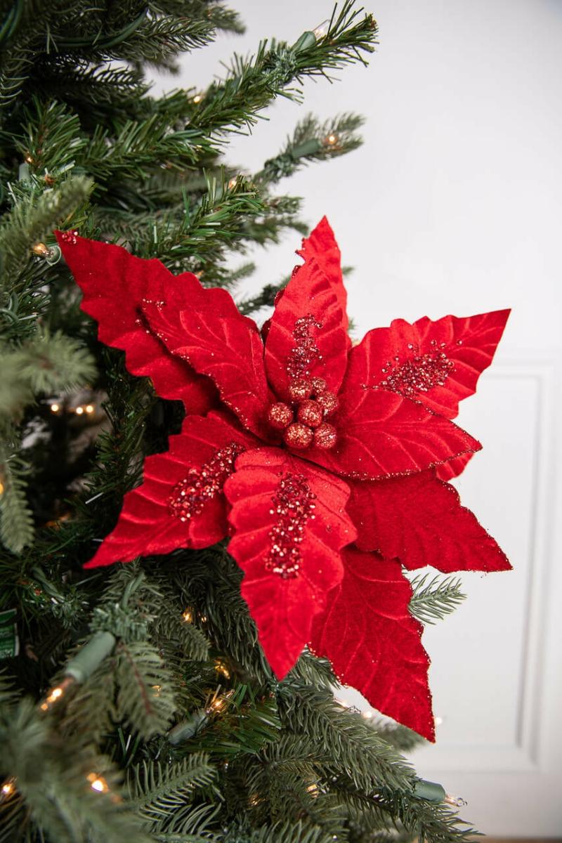 Flowers | 24" X 12.5" Velvet Sequin Stripe Poinsettia Stem Flowers Flowers