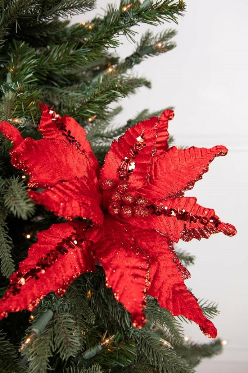 Flowers | 24" X 12" Red Glitter Edge Velvet Poinsettia Stem Flowers Flowers