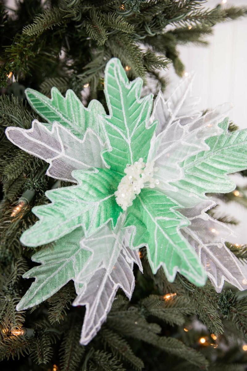 Flowers | 24" X 13" Green & White Frosted Glitter Poinsettia Flowers Flowers