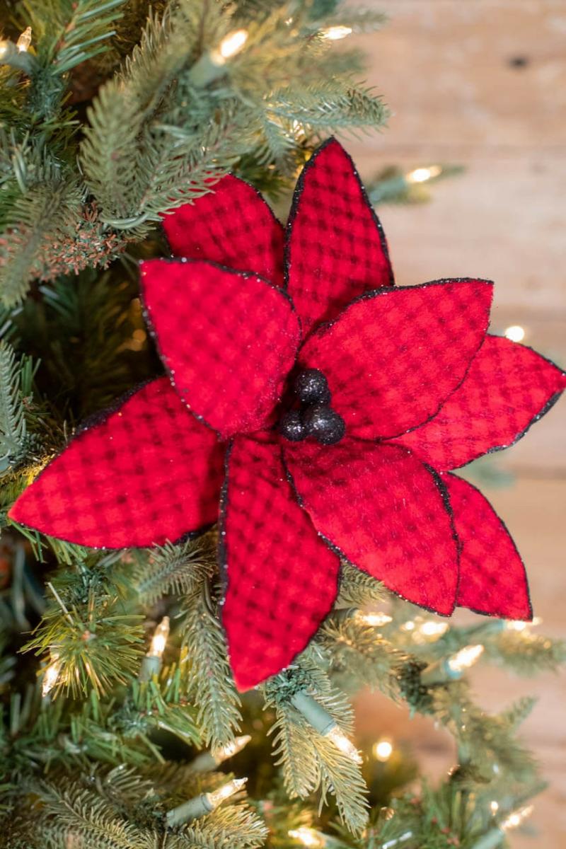 Flowers | 24" X 14" Red/Black Buffalo Check Velvet Poinsettia Stem Flowers Flowers