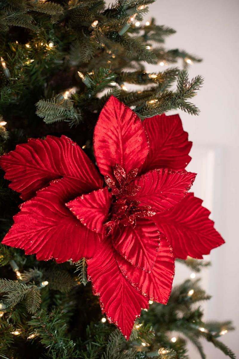 Flowers | 24" X 17" Red Velvet Glitter Lux Poinsettia Stem Flowers Flowers