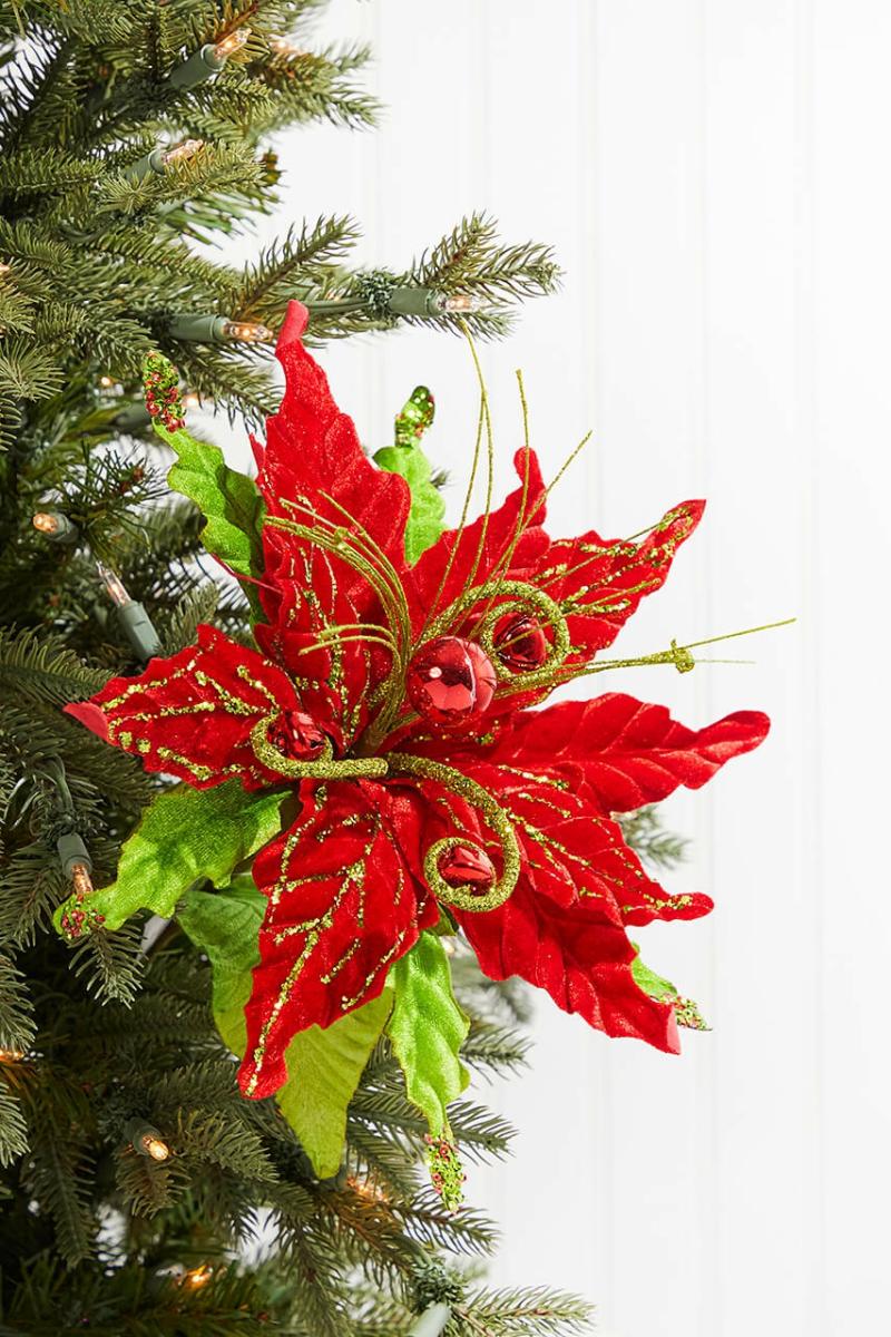 Flowers | 25" X 12.5" Glitter Velvet Curly Jingle Bell Poinsettia Stem Flowers Flowers