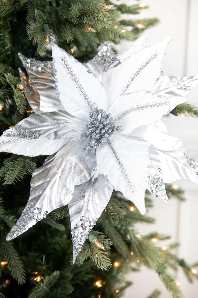 Flowers | 31" X 17" Silver & White Sequin Glitter Poinsettia Flowers Flowers