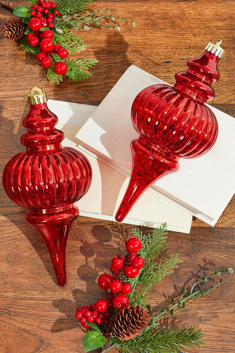 Ornaments | 10" Red Mercury Ridged Finial Ornament – Set Of 2 Ornaments Ornaments