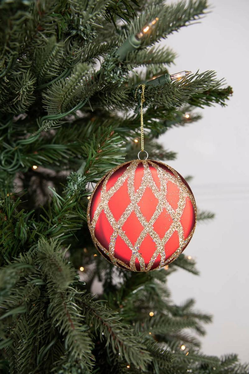 Ornaments | 10Cm Matte Glitter Flat Round Ornament – Red/Gold Ornaments Ornaments