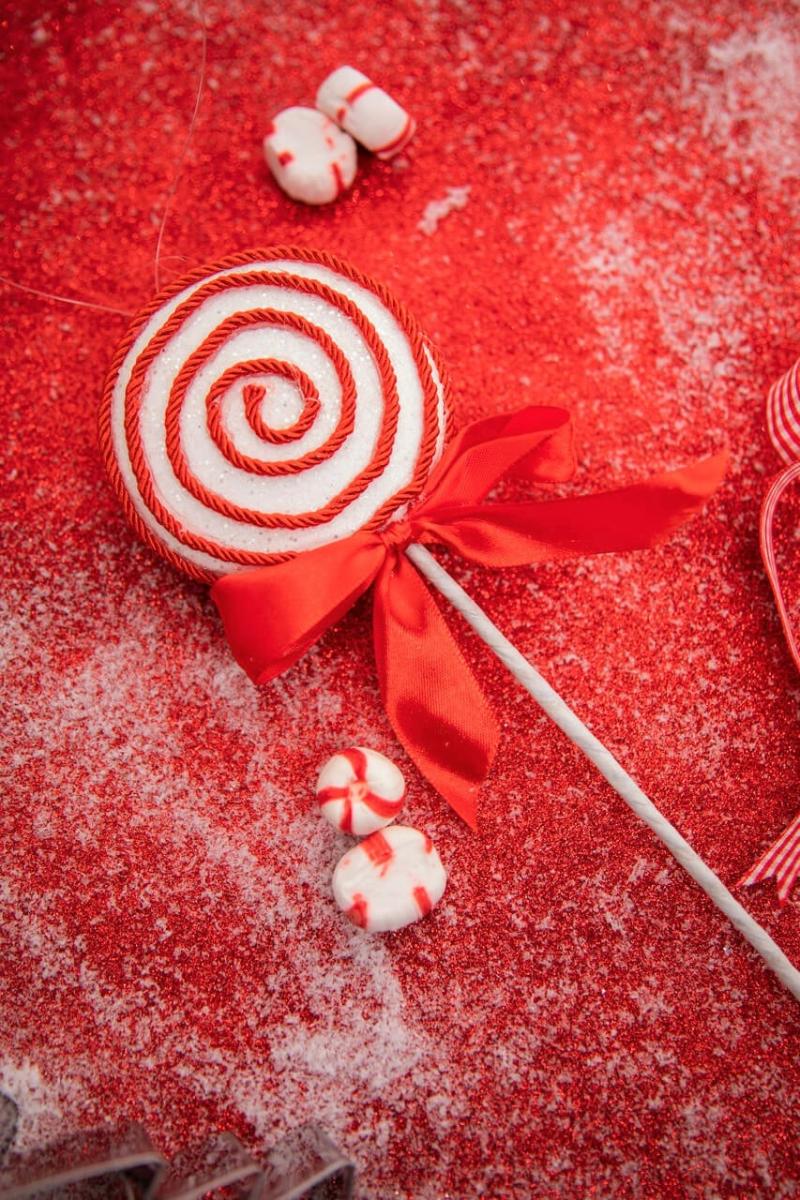 Ornaments | 12" Lollipop Pick/Ornament With Bow – Red/White Ornaments Ornaments