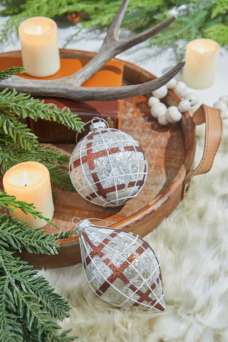 Ornaments | 4-5" Glass Forest Plaid Ball/Finial Ornament Ornaments Ornaments