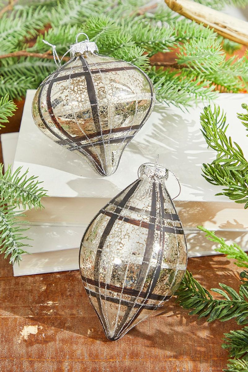 Ornaments | 4-6" Mercury Glass Plaid Ornament Ornaments Ornaments