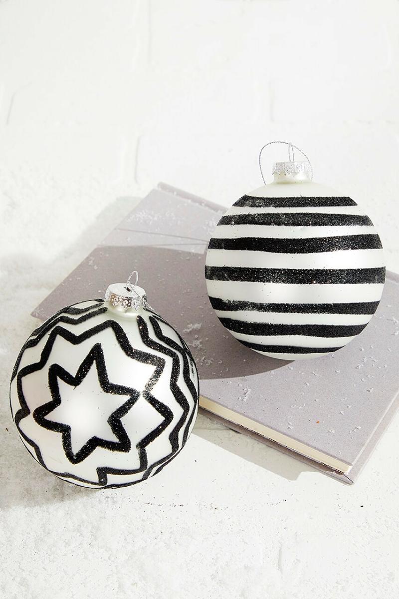 Ornaments | 4" Black With Stripes/Zig Zag Glass Ball Ornament Ornaments Ornaments