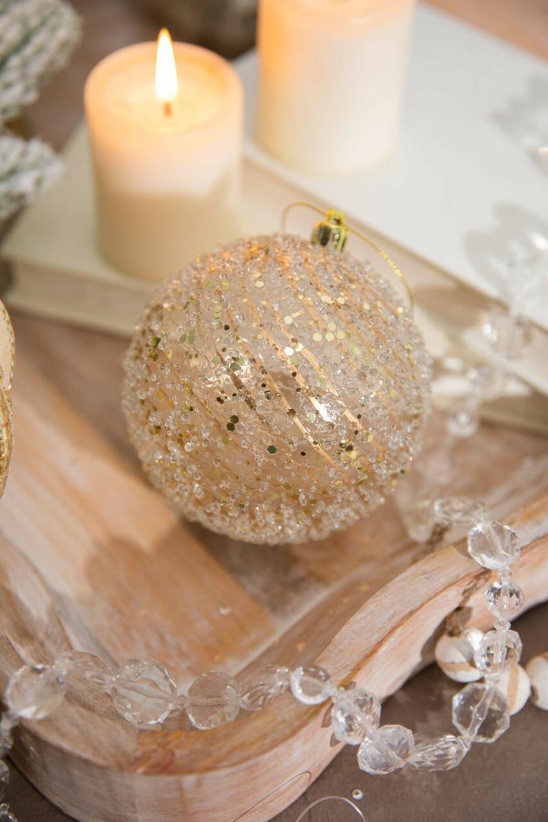 Ornaments | 4" Champagne Clear Swirl Iced Ball Ornament Ornaments Ornaments