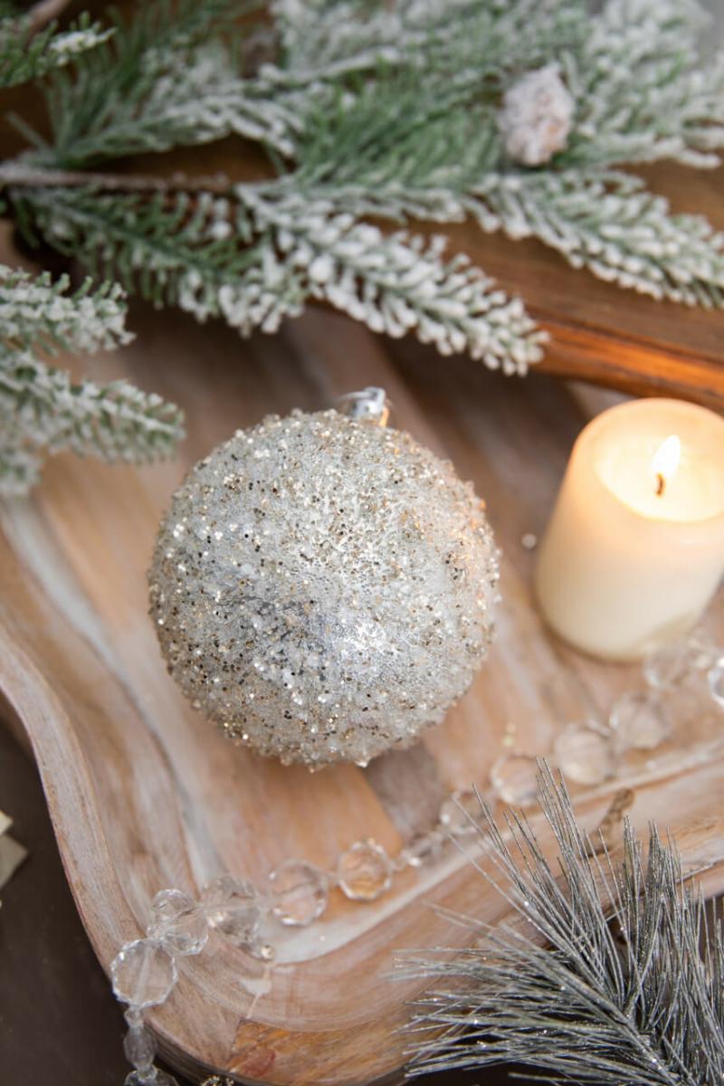 Ornaments | 4" Champagne Silver Iced Metallic Ball Ornament Ornaments Ornaments