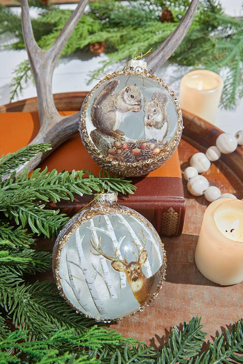 Ornaments | 4" Glass Deer & Squirrel Scene Ball Ornament Ornaments Ornaments