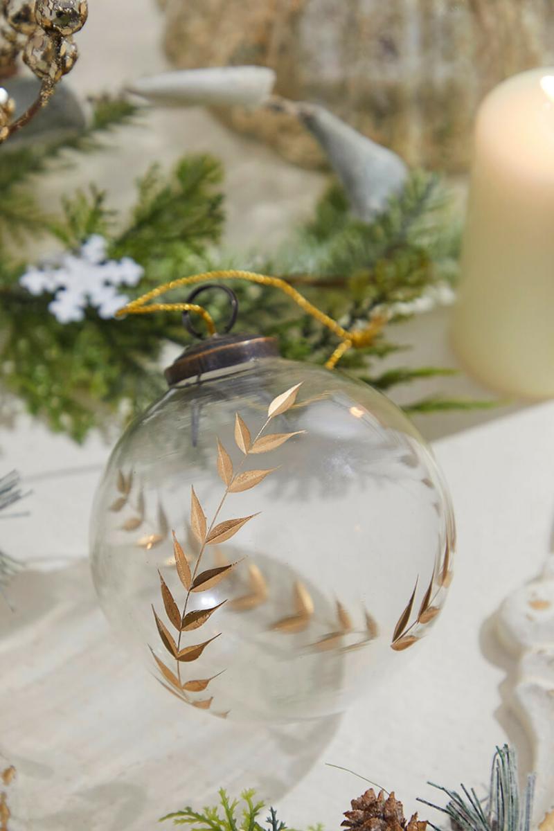 Ornaments | 4" Golden Etched Laurel Glass Ornament Ornaments Ornaments