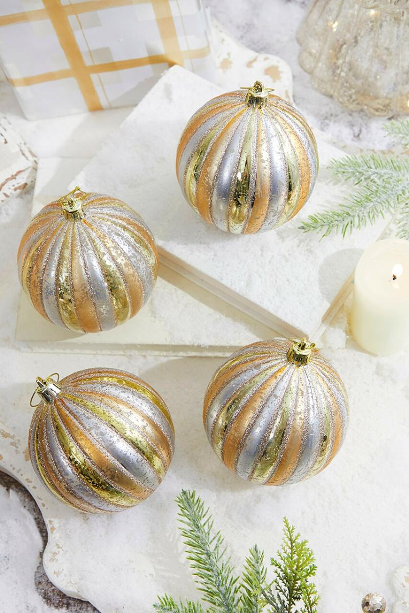 Ornaments | 4" Gold/Silver Stripe Mercury Ball Ornament Box – Set Of 4 Ornaments Ornaments