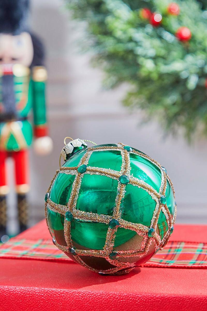 Ornaments | 4" Green & Gold Glass Beaded Net Ball Ornament Ornaments Ornaments