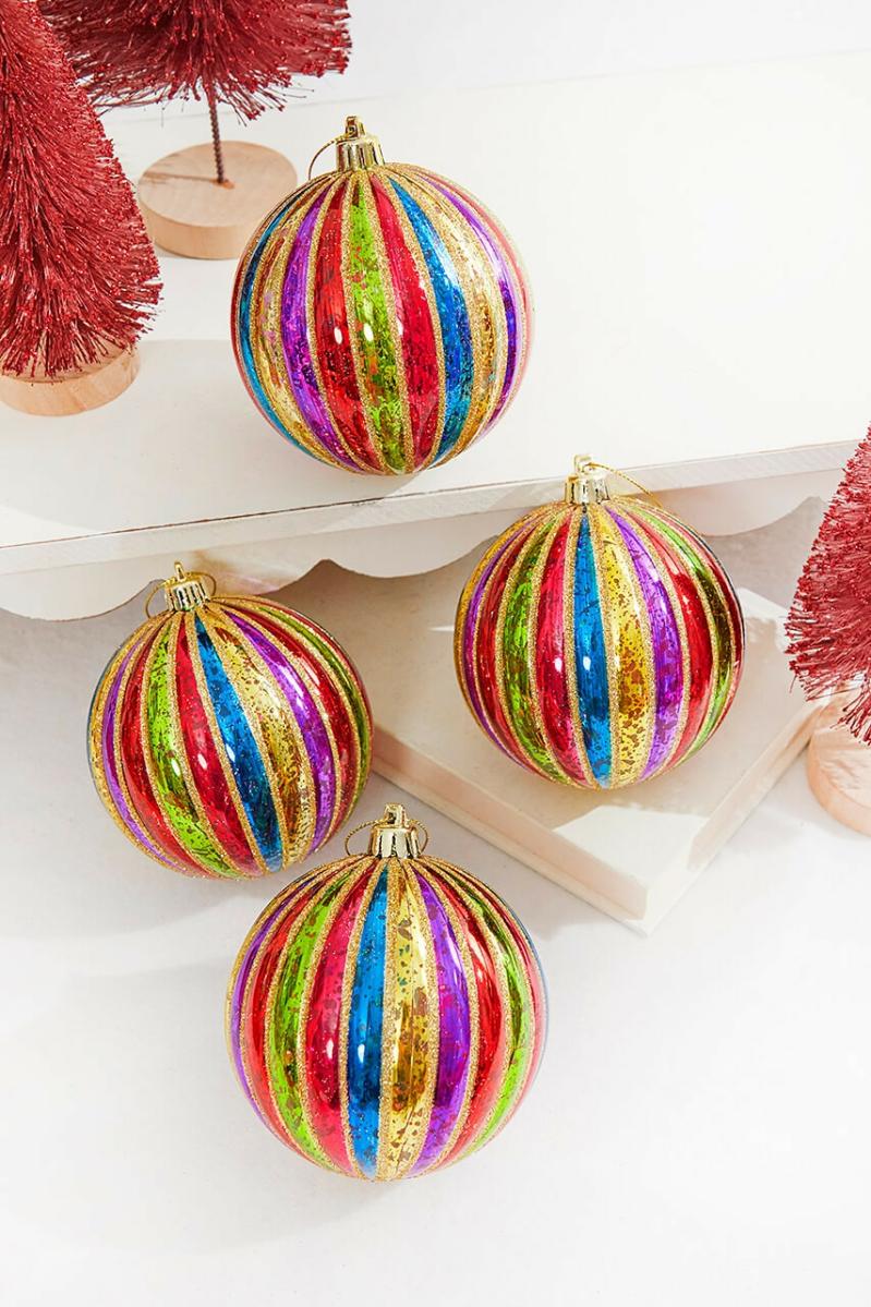 Ornaments | 4" Multi Color Stripe Mercury Ball Ornament – Set Of 4 Ornaments Ornaments