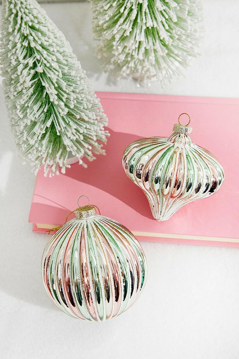 Ornaments | 4" Pink/Green Glass Stripe/Ridge Ball/Finial Ornament Ornaments Ornaments