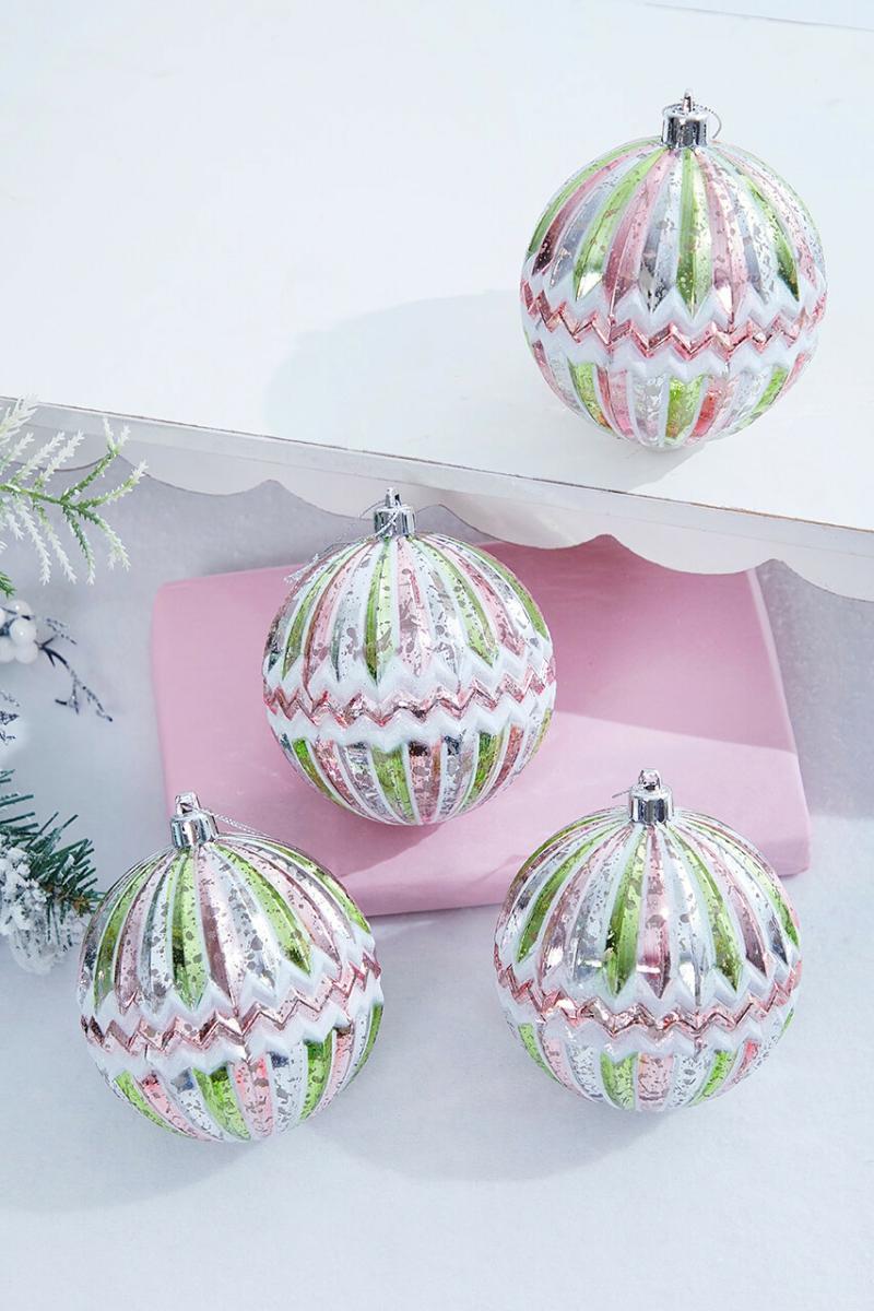 Ornaments | 4" Pink/Green Mercury Ridged With Zigzag Stripe Ball – Set Of 4 Ornaments Ornaments