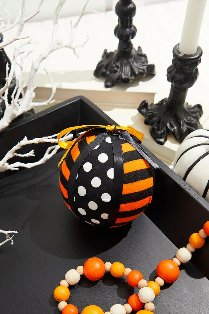 Ornaments | 4" Polkadot Stripe Halloween Ribbon Ball Ornament Ornaments Ornaments