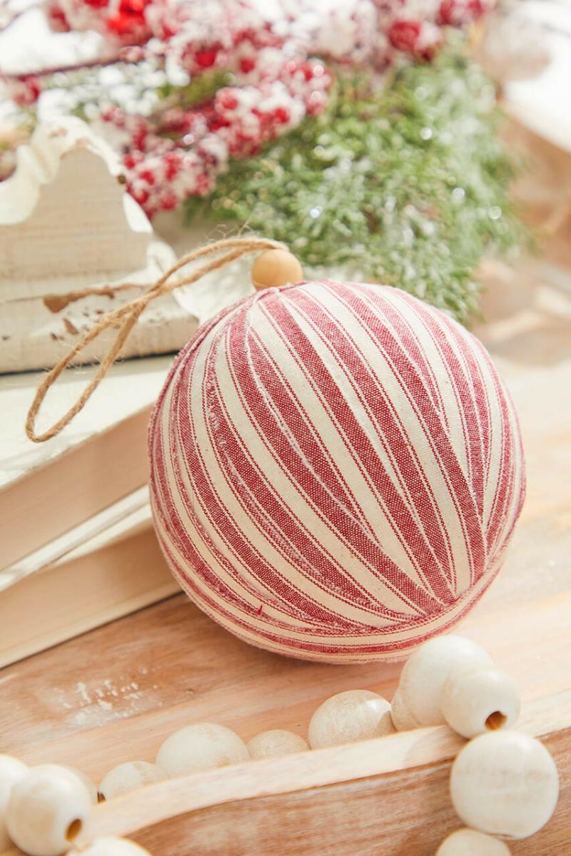 Ornaments | 4" Red And White Ticking Fabric Ball Ornament Ornaments Ornaments