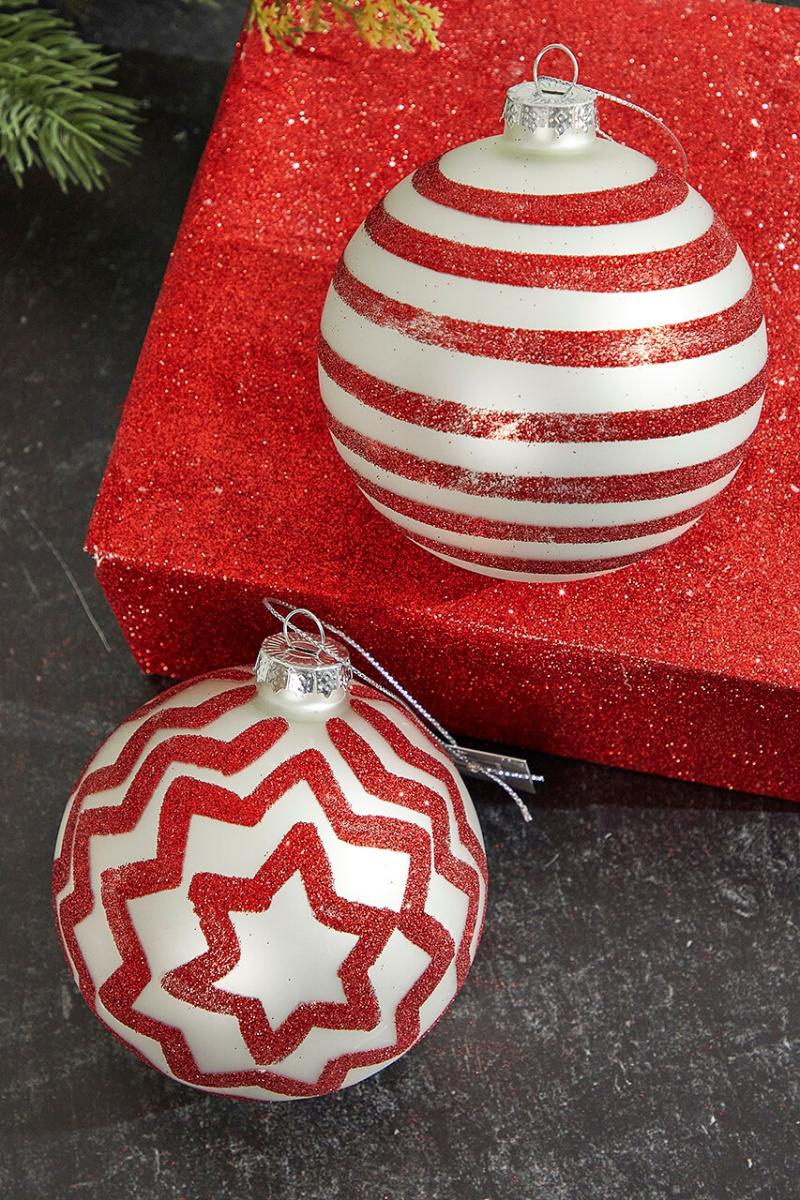 Ornaments | 4" Red With Stripes/Zig Zag Glass Ball Ornament Ornaments Ornaments