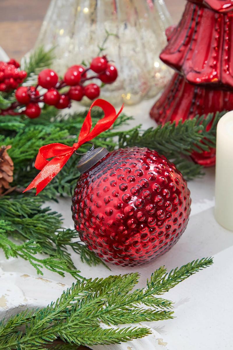 Ornaments | 4" Round Hobnail Ruby Glass Ornament Ornaments Ornaments