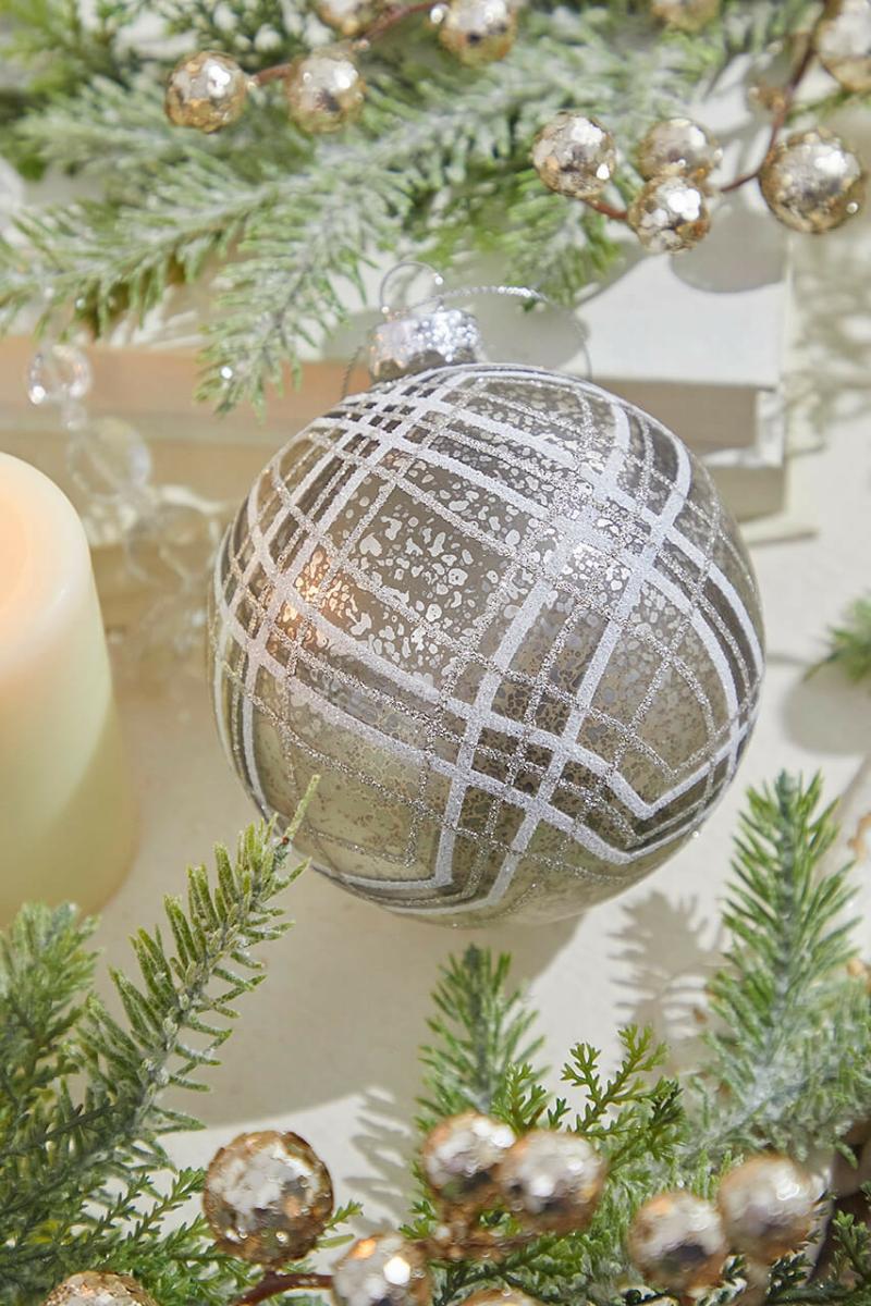 Ornaments | 4" Silver Glass Diagonal Plaid Ball Ornament Ornaments Ornaments