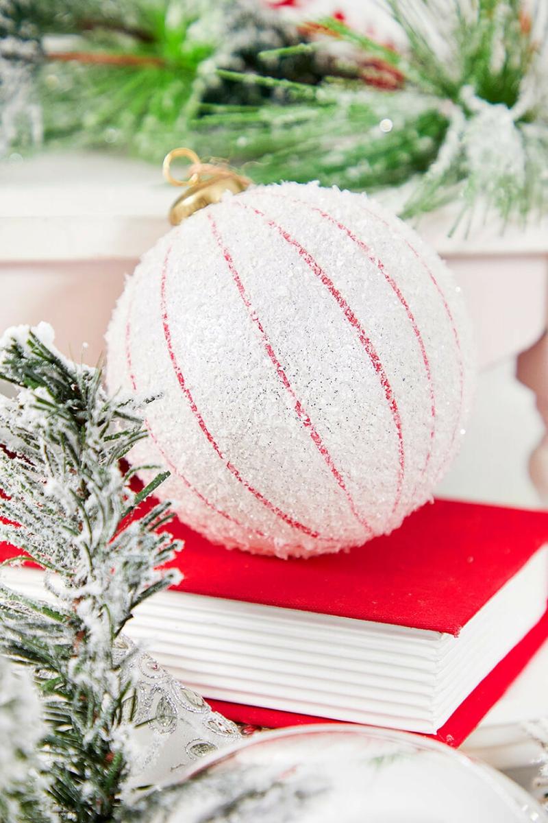 Ornaments | 4" White And Red Snow Stripe Ball Ornament Ornaments Ornaments