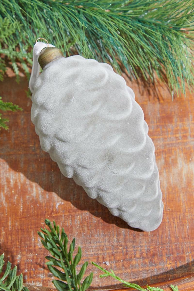 Ornaments | 5.5" Glass Grey Flocked Pine Cone Ornament Ornaments Ornaments